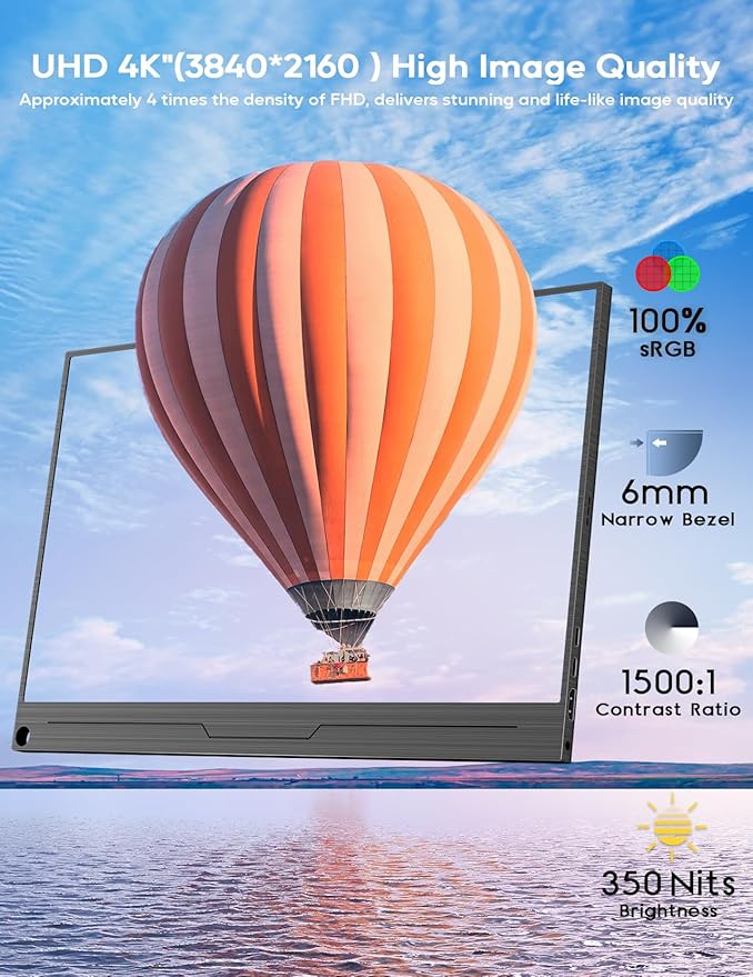 KEEPTIME 4K Portable Monitor 15.6" 3840x2160 UHD USB-C HDMI Laptop Monitor, 100% Adobe RGB IPS Computer Gaming Display HDR Travel Screen w/Speakers for Laptop Xbox PS5 Switch PC Phone