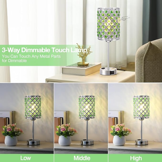 Hong-in Green Lamps for Night Stands-Crystal Table Lamp with USB-C+A & AC Charging Ports, 3-Way Dimmable Nightstand Touch Lamp, Bedside Desk lamp for Bedroom Living Room Home Office