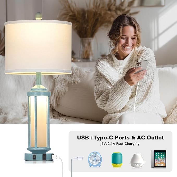 Lolikit 27" Tall Farmhouse Table Lamps for Living Room, Rustic Vintage Table Lamp with USB A+C Charging Ports & AC Outlet, Modern Retro Industrial Nightstand Bedside Lamp for Bedroom Side Table Decor