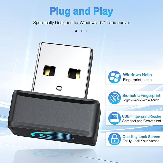 USB Fingerprint Reader for Windows 10/11 ONLY, Windows Hello Fingerprint Scanner, Plug & Play Mini USB Dongle, Match-in-Sensor Security, Portable for Laptop/Desktop (Not for Mac/Linux)