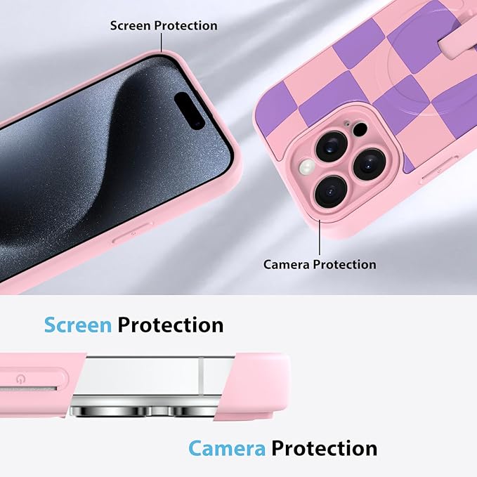KANGHAR Compatible with iPhone 15 Pro Case, Support for MagSafe, Silicone Checkered Cute Pattern, Wristband Kickstand Camera Protection Soft Slim Cover for Girls Women -Pink