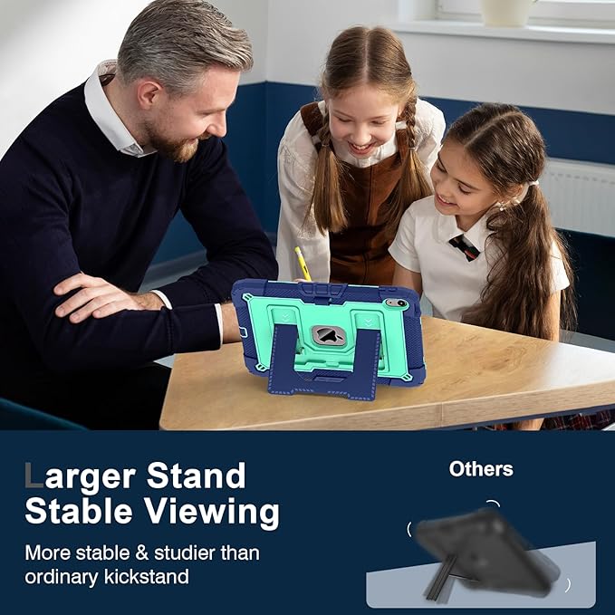 Kids Friendly Case for iPad A16 11th Generation 11 Inch 2025 / iPad 10th Generation 10.9" 2022 Case with Pencil Holder & Shoulder Strap, Hybrid iPad 11 10 Cover Rugged Shockproof Kickstand,Blue+Mint
