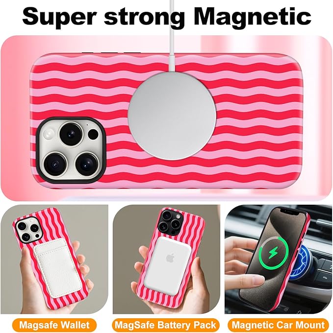 Magnetic for iPhone 15 Pro Case Cute Wavy Stripes Phone Case, Shockproof Slim TPU and Hard PC Protective Phone Cover Compatible with MagSafe Designed for Women Girls, Red