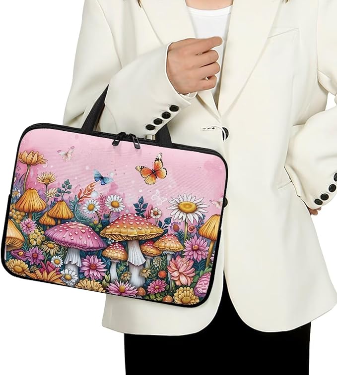 17 Inch Mushroom Butterfly Laptop Sleeve Cover Computer Bag Tablet Carrying Case with Handle, Water-Repellent Tote Bags Notebook Sleeves Handbag Messenger Briefcase Shoulder Bag