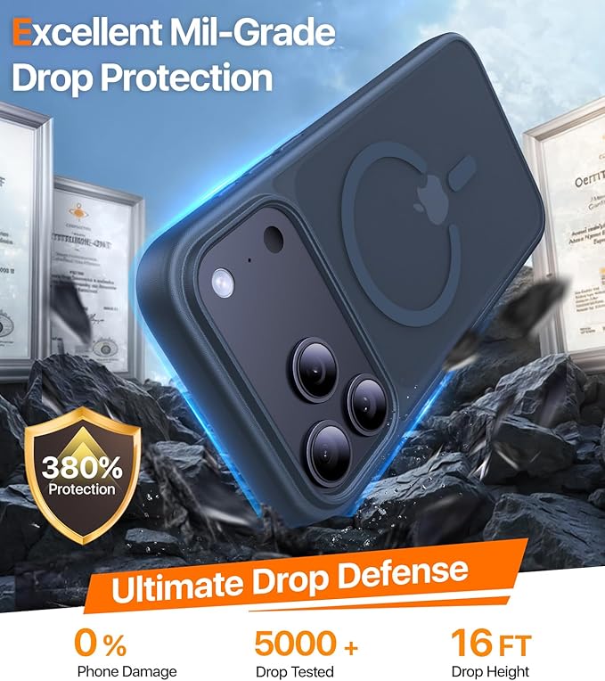 Magnetic for iPhone 17 Pro Case,[Anti-Slip][Compatible with MagSafe][Military Grade Drop Protection] Shockproof Protective Translucent Matte Phone Case for iPhone 17 Pro Case,Midnight Blue