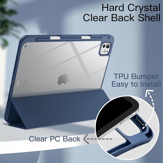 JETech Case for iPad Pro 11-Inch M5/M4 2025/2024 (6th/5th Generation) with Pencil Holder, Clear Transparent Back Shell Slim Stand Shockproof Tablet Cover, Auto Wake/Sleep (Navy)