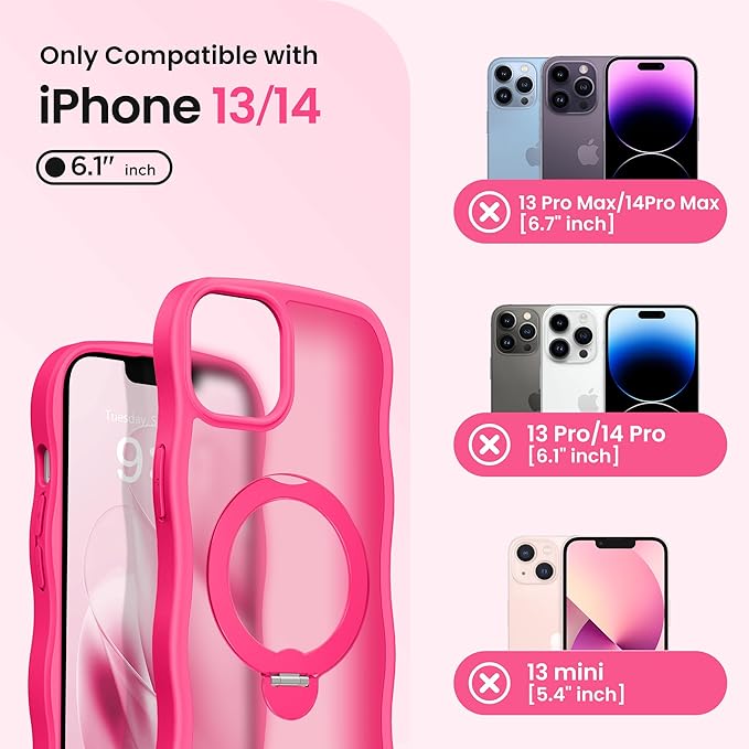 CAPRARO for iPhone 13 Case & iPhone 14 Case with 360° Spin Magnetic Stand for Women, [Compatible with MagSafe] [Camera Protection] Cute Wave Translucent Matte Case for iPhone 13/14, Hot Pink