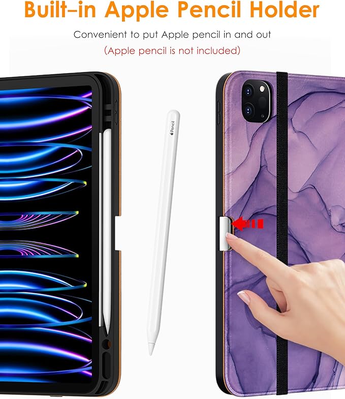 DTTO for iPad Pro 12.9 6th / 5th / 4th / 3rd Generation Case 2022/2021/2020/2018, Leather Folio Stand Cover with Built-in Apple Pencil Holder -Auto Wake/Sleep and Multi Viewing Angles, Purple Marble