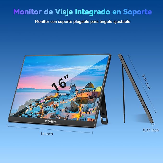 WUAWE 16" 1200P 120Hz Portable Monitor, 100% sRGB Portable Gaming Monitor with Built-in Stand,HDR and Freensync, External USB C Monitor for Laptop, PC, Phone, Switch and PS5 (Black)