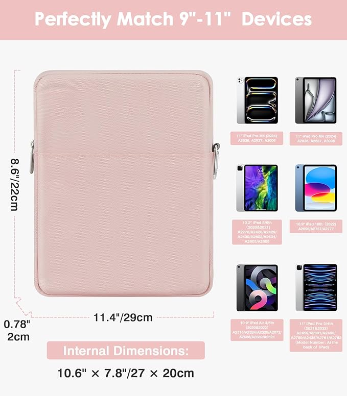 MoKo 9-11 Inch Tablet Sleeve Bag Carrying Case Fits New 11-inch iPad Pro M4/iPad Air M2 2024, Air 5/4/3 10.9"/10.5", Pro 11 M2, i-Pad10th 10.9, i-Pad9/8th Gen 10.2, Tab S8/S9 11", Pink