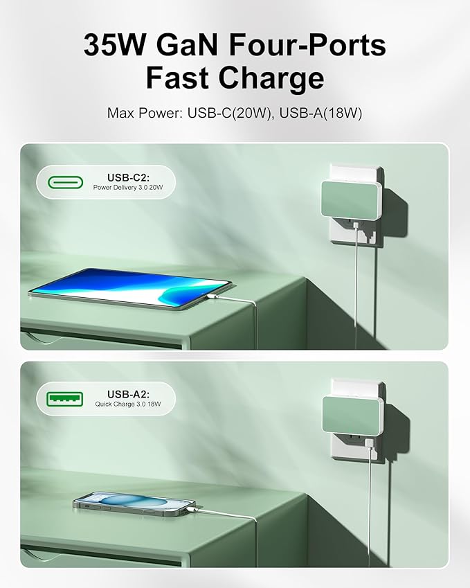 Flat USB Wall Charger 4 Ports Slim 35W USB-C/A Flodable Plug Fast Charging Block for iPhone 8/9/10/11/12/13/14/15 Multiport Power Charging Adapter for ipad and Galaxy Series S8-10 Green