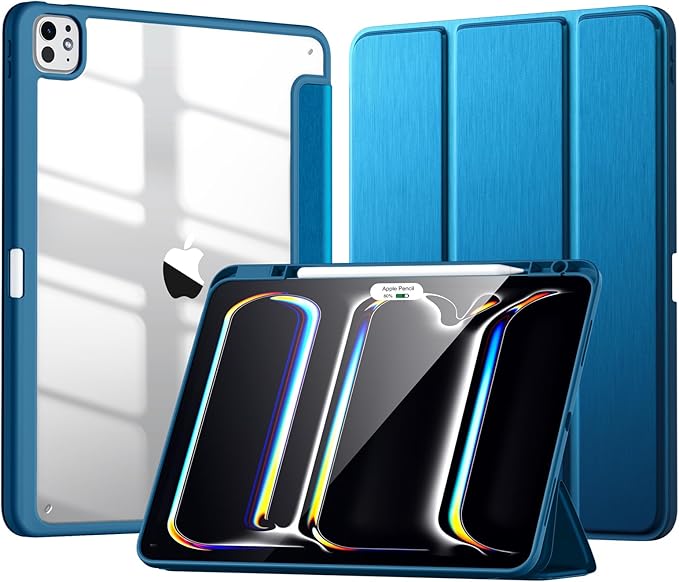 New Compatible with iPad Pro 13 inch Case M5 2025/M4 2024 with Built-in Pencil Holder, Kidopire for iPad Pro 13 Case with Hard Clear Back Shell, Support Pencil Pro, Auto Wake/Sleep, PeacockBlue