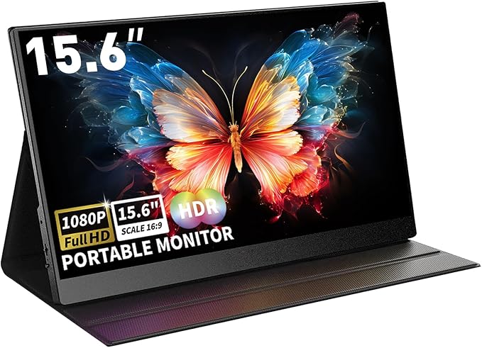 Portable Monitor 15.6" 1080P FHD USB-C HDMI Computer Display with Smart Cover and Dual Speakers, Travel Monitor for Laptop Mac PC Phone PS4/5 Xbox Switch