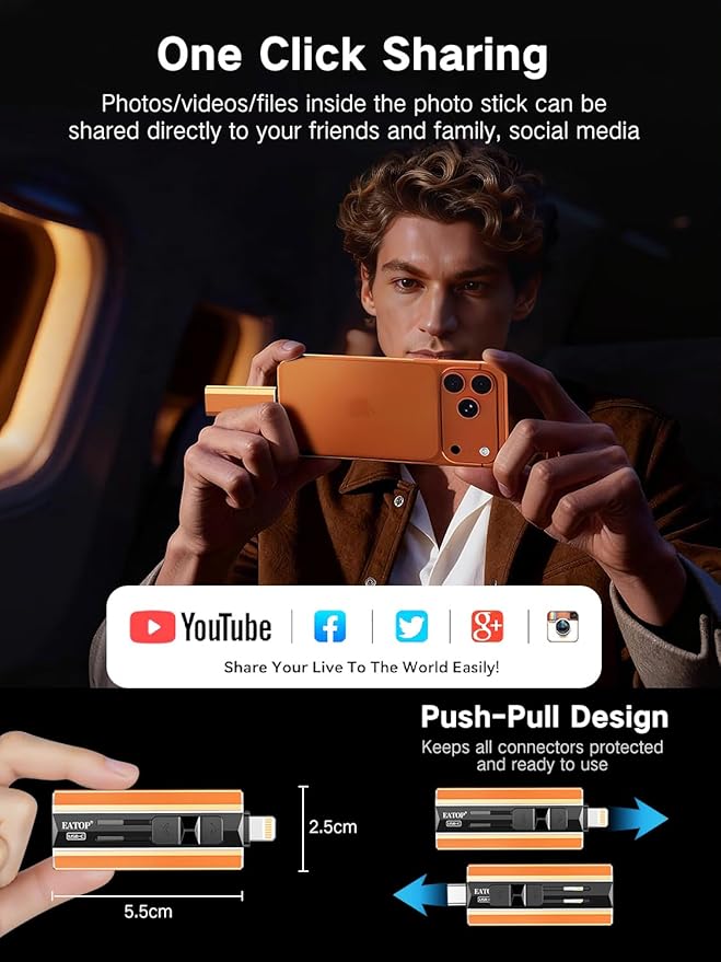 EATOP 512GB Dual Interface Flash Drive, No App Required, Portable USB Storage Memory Stick for iPhone, iPad, Android, PC & Mac – Easily Stores Photos, Videos & Files (Orange)