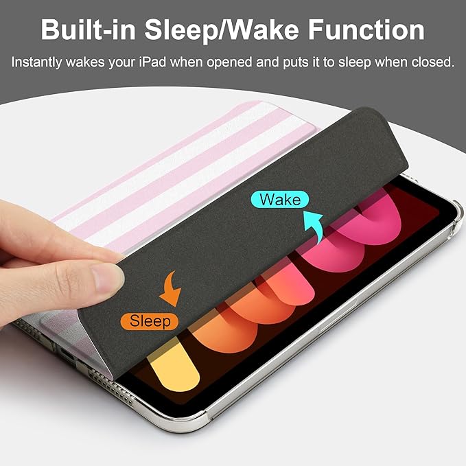 DONGKE for iPad mini 7 (A17 Pro) 2024 & iPad mini 6 2021 8.3 Inch, Slim Foldable Stand Hard PC Translucent Back Shell Smart Cover for iPad mini 7th/6th Generation [Auto Wake/Sleep] - Pink Stripes