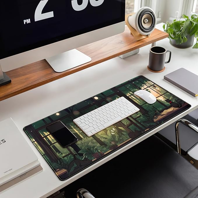 Cute Lofi Desk Mat Green Plants Mouse Pad Large Black Cat Aesthetic Desk Pad Kawaii Anime Extended Gaming Mousepad XL Laptop Keyboard Mouse Mat Deskmat 31.5"x11.8" Cute Office Decor