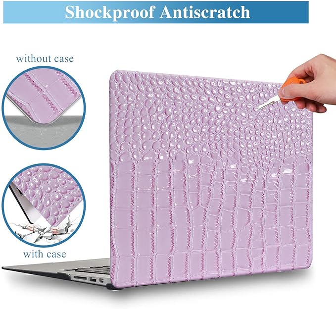 Compatible with Crocodile MacBook Air 13 inch Case 2021 2020 2019 2018 M1 A2337 A2179 A1932, Textured Elegant Luxury Aligator Skin Snakeskin PU Leather Hard Shell & Keyboard Cover, Lilac