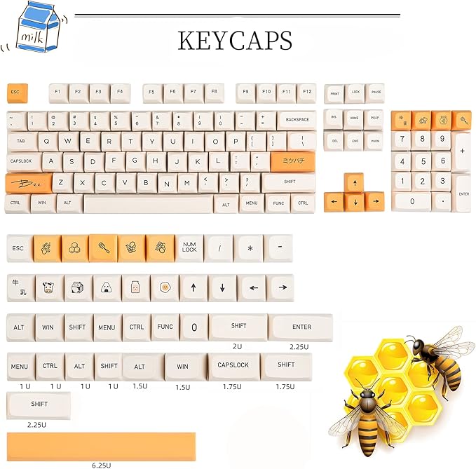 Guffercty kred 140-Key Honey Milk PBT XDA 65% TKL Keycap Set for 100% 60% Mechanical Keyboard (Honey Milk-English)