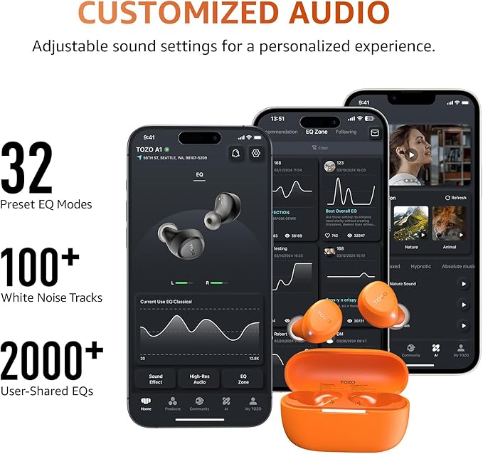 TOZO A1 Wireless Earbuds Bluetooth 5.3 Light Weight in Ear IPX5 Waterproof Headphones 2 Mic for AI Calls, Immersive Premium Sound Bass Headset with Charging Case, 32 Presets EQ Customization via App