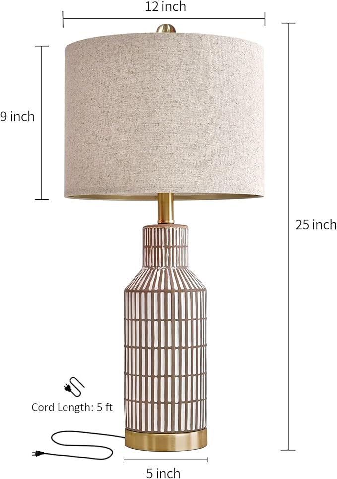 USumkky 25" Table Lamps Set of 2, Modern Ceramic Bedside Lamps - Farmhouse Brown Nightstand Lamps for Bedroom, Boho Living Room End Table & Office Desk Decor