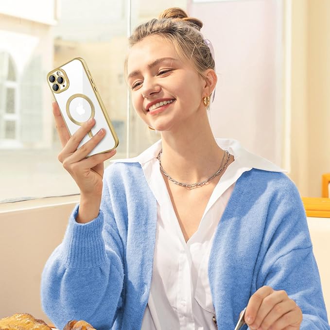Hython Magnetic Clear for iPhone 11 Pro Case with Camera Lens Protector [Compatible with MagSafe] Luxury Plating Edge Slim Soft TPU Cover Protective Phone Case for iPhone 11 Pro 5.8", Matte Gold