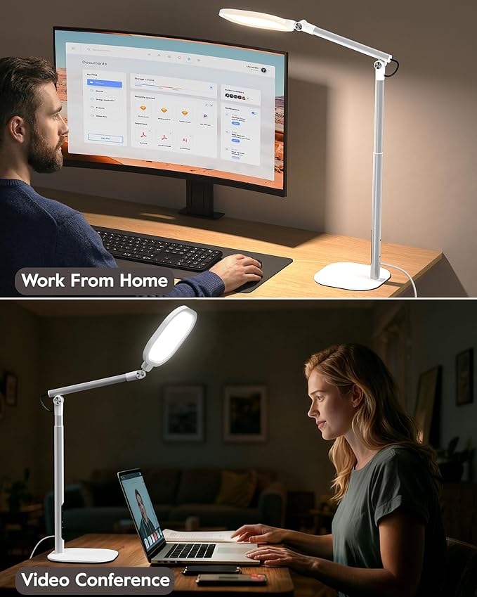 Led Desk Lamps for Home Office with Base, Tall Desk Lamp with 50 Light Modes & Memory and Timer Func Computer Light, Flexible Adjustable Table Lamps for Video Conference, Architect (White 1 Pack)