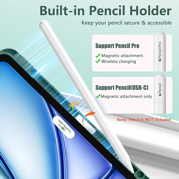Wenlaty for iPad Air 13 Inch Case M4/M3/M2 (2026/2025/2024) with Pencil Holder, Slim Trifold Stand Protective Cover for iPad Air 13 Case with Clear Transparent Back, Auto Wake/Sleep -Pine Green
