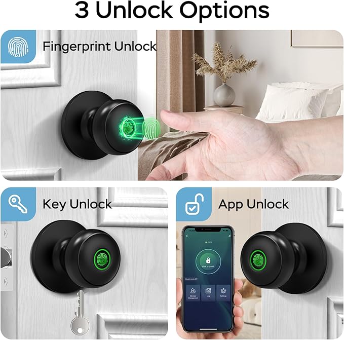 GeekTale Fingerprint Door Lock for Bedrooms, Fingerprint Door Knob with Lock, Smart Door Lock, App Control, Back-up Keys, Thumbprint Door Knob for Bedrooms, Office, Apartment