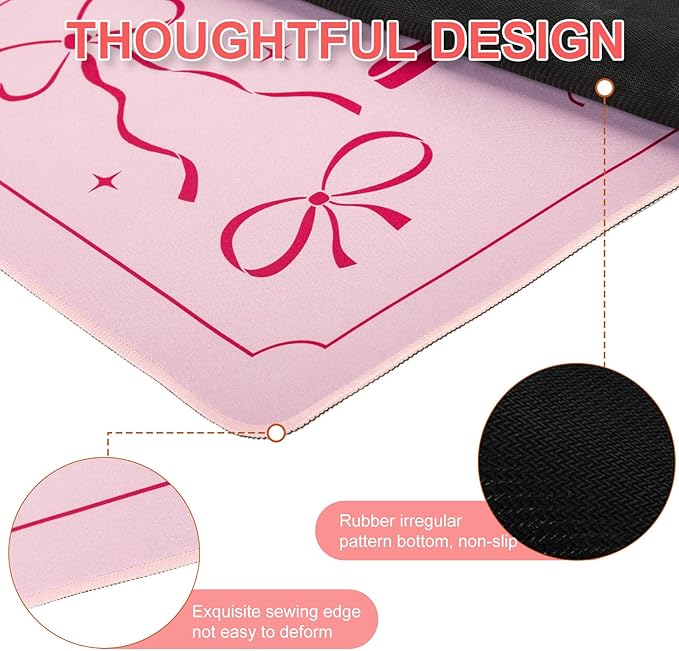 L-SPOUTTO Pink Bow Desk Mat for Keyboard and Mouse,XXL Large Mouse Pad Non-Slip Keyboard Pad Waterproof Desktop Mat for Laptop Computer Work Game Home Office-Pink Ribbon