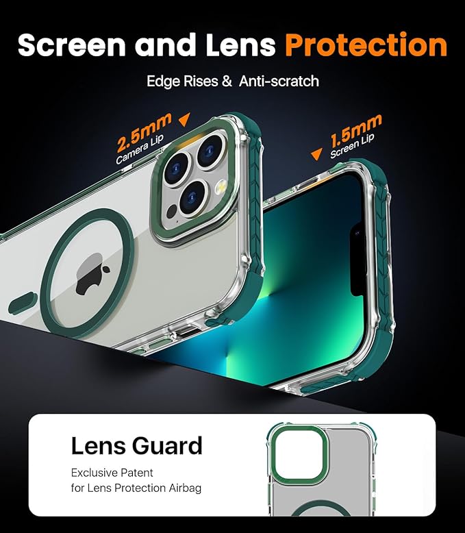DEERLAMN Strong Magnetic Case for iPhone 13 Pro 6.1-Inch,[Compatible with Magsafe][Military-Grade Protection] Clear Slim Shockproof Protective Phone Cover for Women Men-Transparent+Green