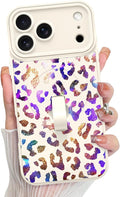 KANGHAR Compatible with iPhone 17 Pro Max Case, Support for MagSafe, Silicone Cute Iridescent Leopard Cheetah Pattern, Wristband Kickstand Shockproof Protective Slim Cover for Women Girls, White