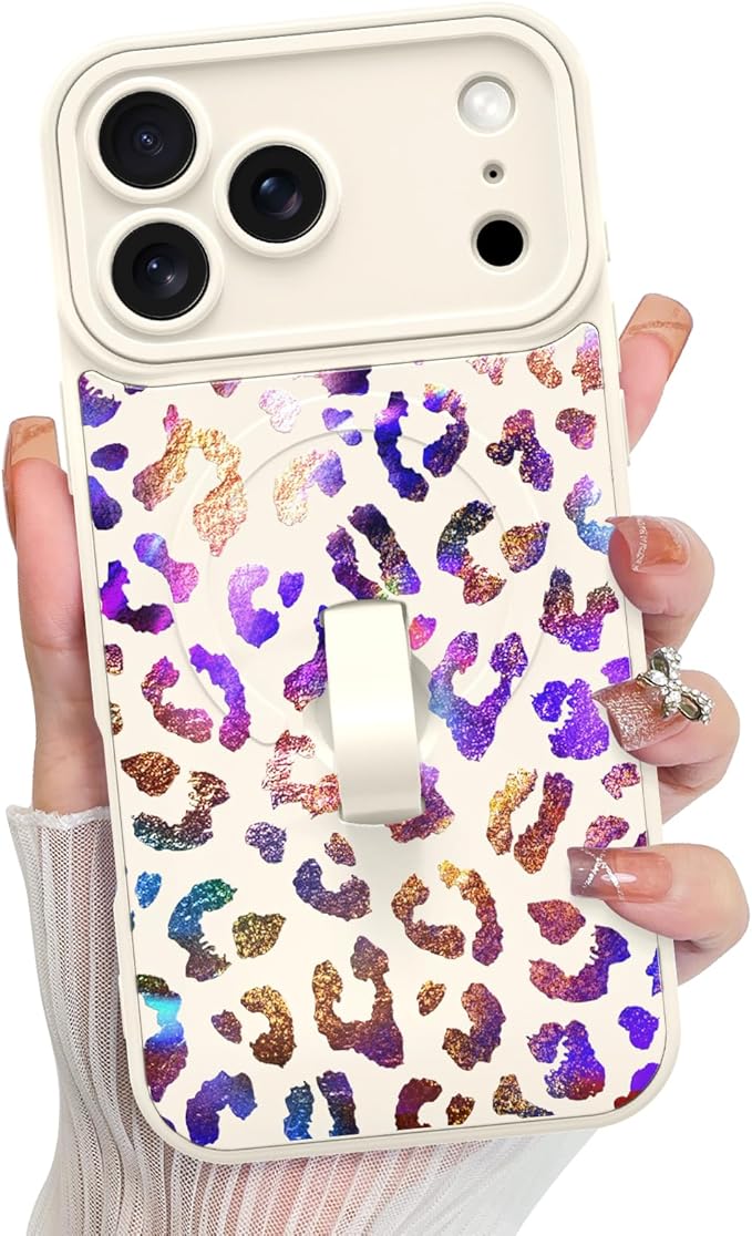 KANGHAR Compatible with iPhone 17 Pro Max Case, Support for MagSafe, Silicone Cute Iridescent Leopard Cheetah Pattern, Wristband Kickstand Shockproof Protective Slim Cover for Women Girls, White