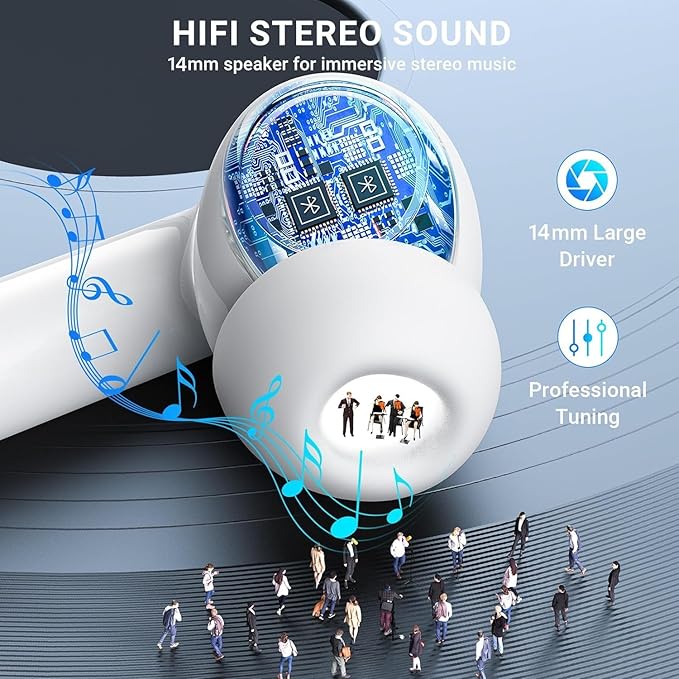 True Wireless Earbuds Bluetooth 5.3 Mic Noise Cancelling IPX7 Waterproof Hi-Fi Stereo Sound Long Battery 42H Playtime Auto Pairing for iPhone Headphones pro,White