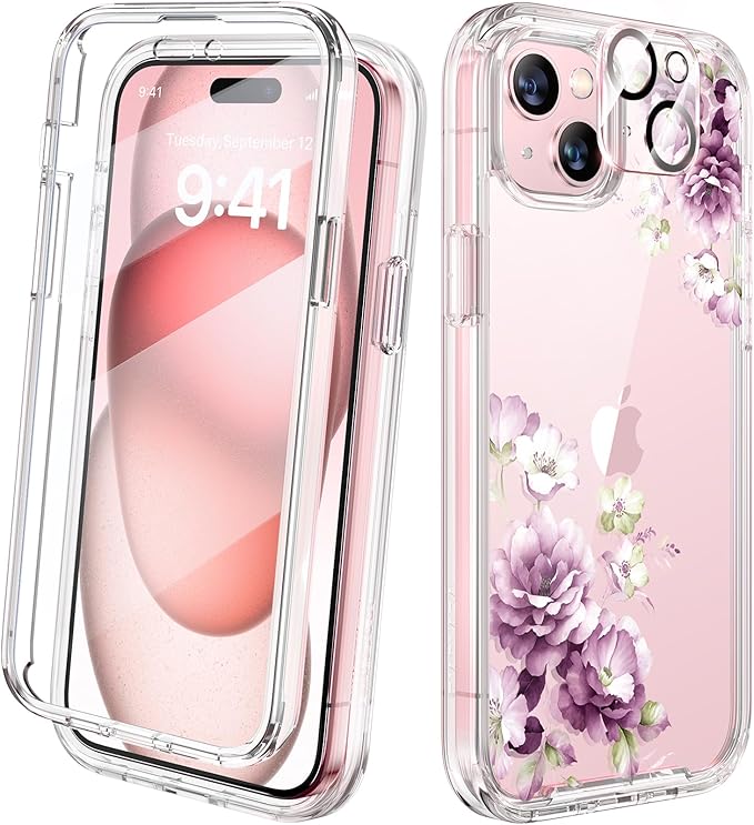 Diaclara Designed for iPhone 15 Case, Full Body Rugged Case with Built-in Touch Sensitive Anti-Scratch Screen Protector, with Camera Lens Protector for iPhone 15 6.1" (Peony)
