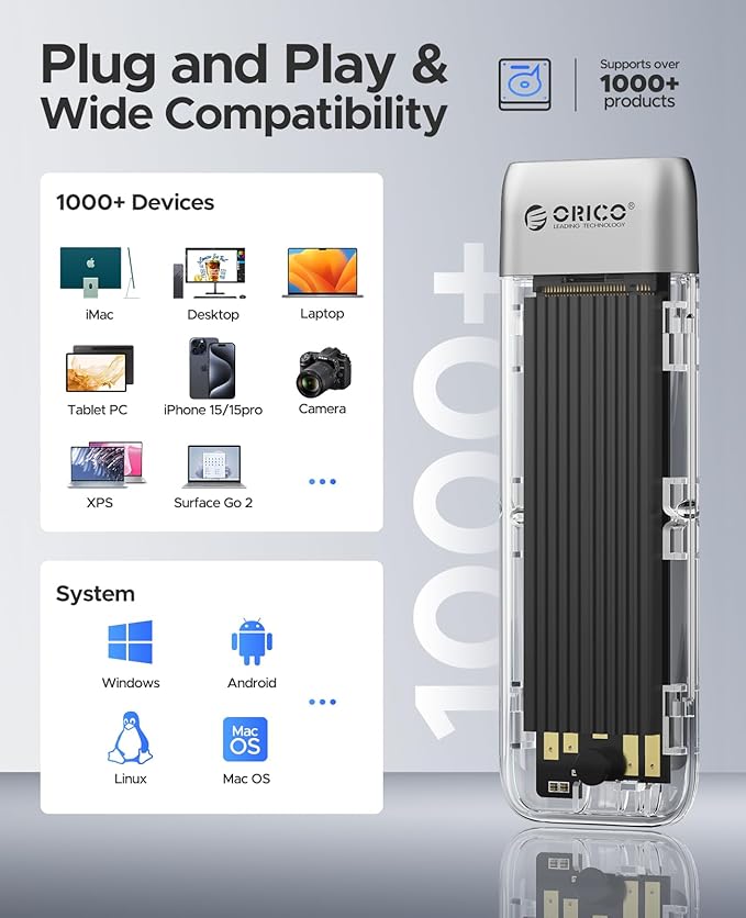 ORICO M.2 NVMe SATA SSD Enclosure, Tool-Free USB 3.2 Type-C 10Gbps to SSD Enclosure for SATA/NVMe M.2(M-Key/B+M-Key) SSD Support 2230/2242/2260/2280, Up to 4TB Max Capacity - TXM2M