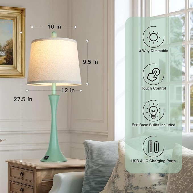 Rinweey Coastal Modern Green Table Lamps Set of 2 for Living Room, 27.5" Tall Bedside Lamp with USB Charging Port,3-Way Dimmable Touch Nightstand Lamp for Bedroom Desk Side Table Office,Green