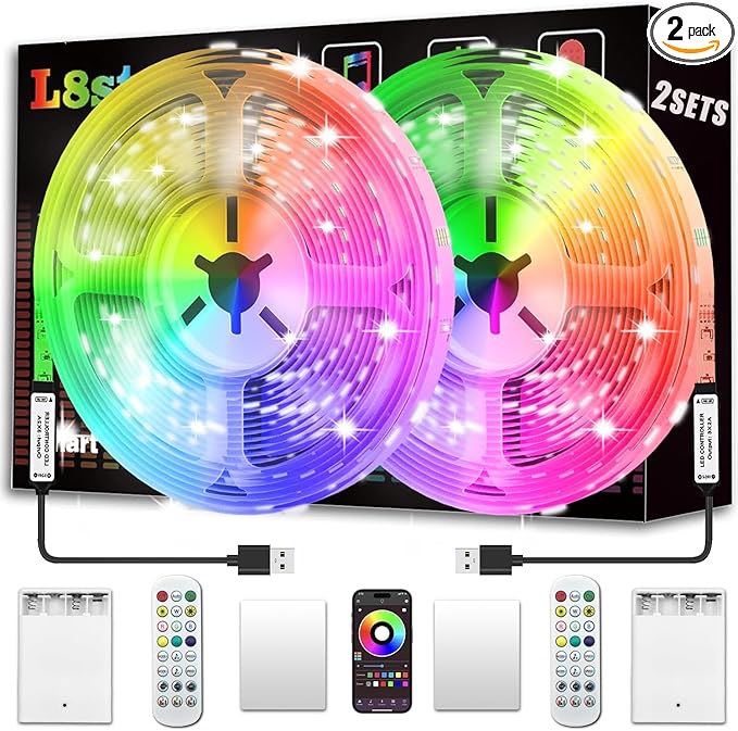 L8star 16.4ft Battery Powered Led Strip,6m Battery Operated Color Changing Lights Music Sync App Remote Control RGB USB Led Lights for TV, Party, Room Decoration (16.4FT)