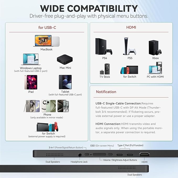 Intehill 14" Portable Monitor, 1200P Self-Standing Portable Screen with Full Laminated Tempered Glass, 16:10 USB-C HDMI External Display with Speakers, Travel Monitor Second Screen for Laptop, F14ZA