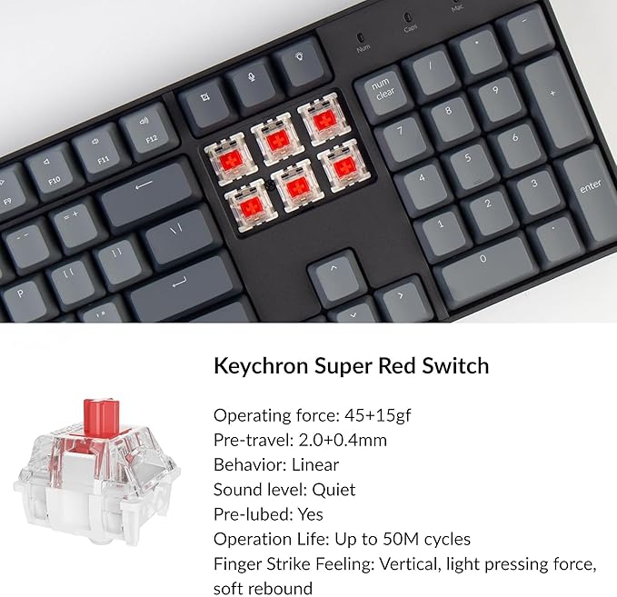 Keychron K10 Full Size Layout White LED Backlit Hot-Swappable Mechanical Keyboard for Mac Windows, Multitasking 104-Key Bluetooth Wireless/USB Wired Computer Keyboard with Gateron G Pro Red Switch