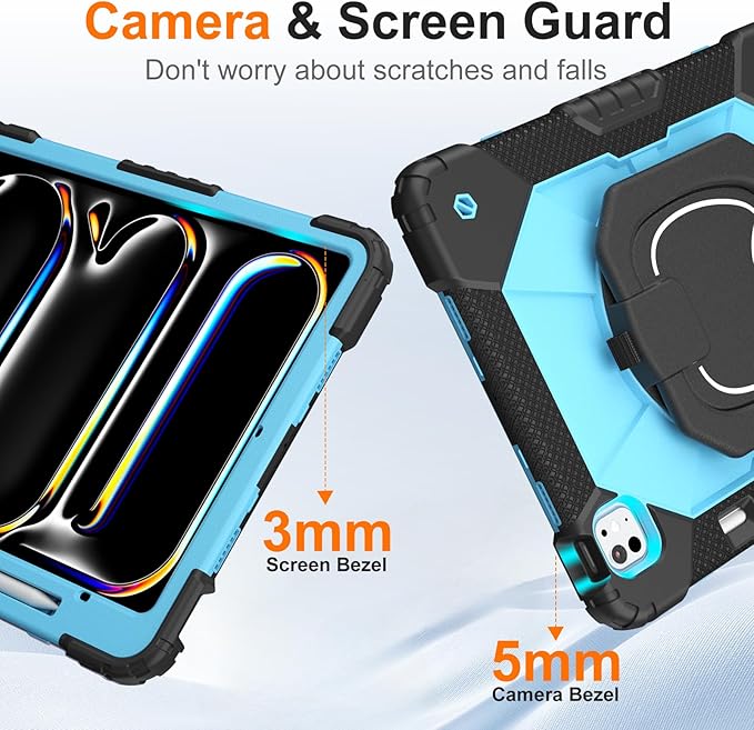 Case for iPad Pro 13 Inch M5 2025/ M4 2024, Ubearkk for iPad Pro 13 Inch case with Screen Protector, 360 Degree Rotating Stand Shoulder Strap Pencil Holder,Military Grade Shockproof, Black Blue