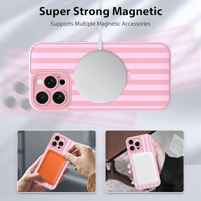 KANGHAR Compatible with iPhone 16 Pro Case, Support for MagSafe, Silicone Stripes Cute Pattern, Wristband Kickstand Camera Protection Soft Slim Cover for Girls Women -Pink