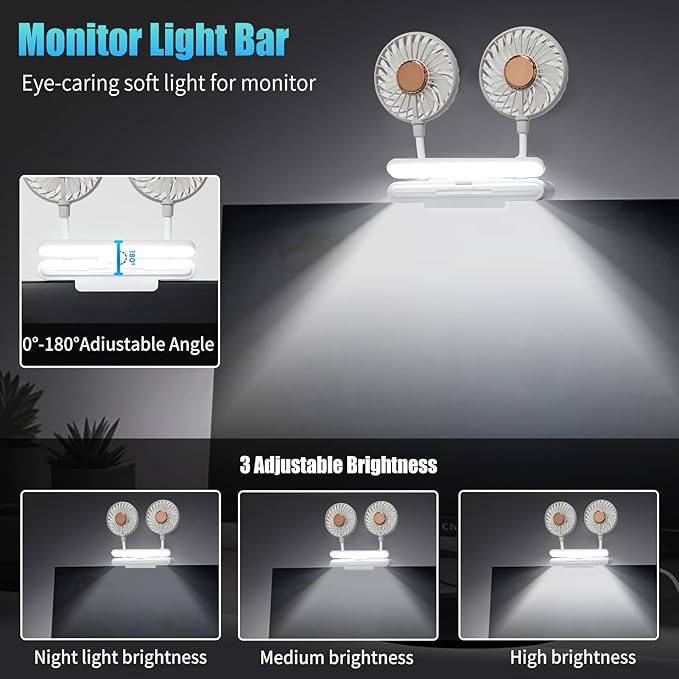Monitor Fan with LED Lights, USB Desktop Fan with 2 Rotatable Heads, 3 Speeds Desk Fans Small Quiet with Sturdy Adjustable Clamp, Strong Wind Office Personal Cooling Fans for Laptop, Desktop.