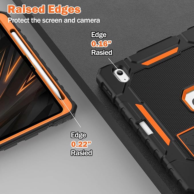 ZoneFoker Case for iPad (A16) 11th/10th Generation 11/10.9 inch 2025/2022, Heavy Duty Military Grade Shockproof Rugged Cover with Pencil Holder/Stand for i Pad 11th / 10 th Gen(Black+Orange)