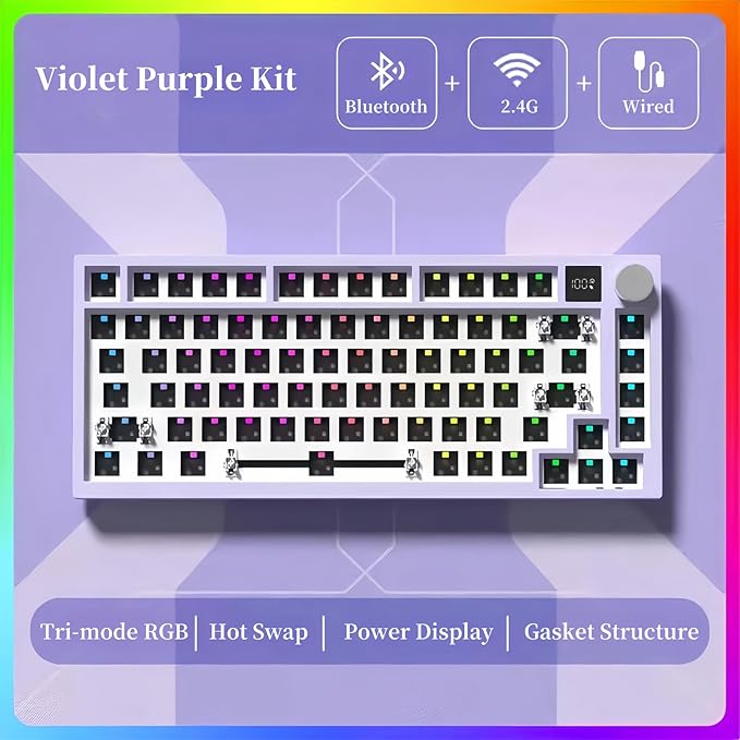 FKZ K75 Barebone 75% Hot Swap Tri-Mode Bluetooth 5.0/2.4G Wireless/Type-C Wired RGB Mechanical Gaming Keyboard With Knob Screen Gasket PCB Mount Custom DIY Kit (Purple)