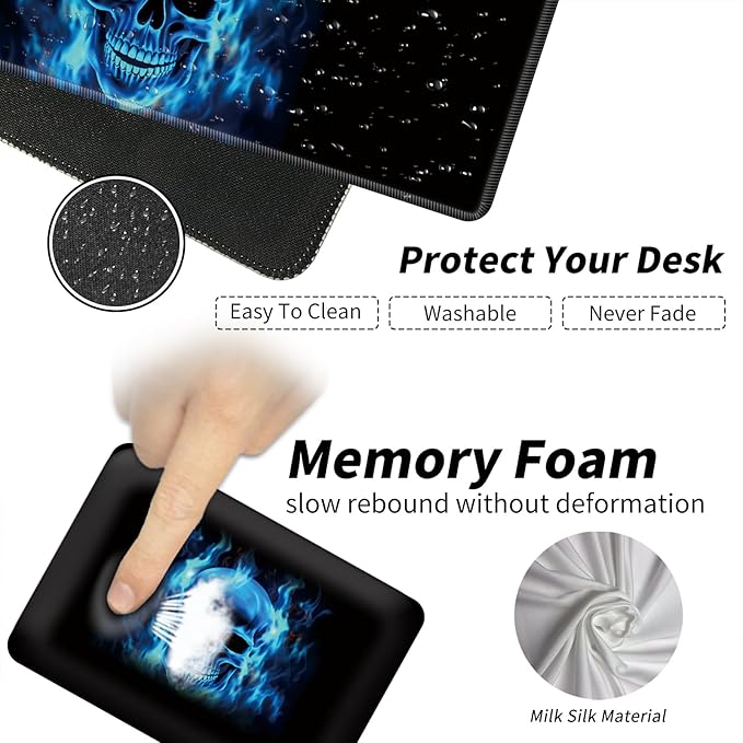 Wrist Elbow Support Arm Rest Desk Mouse Pad Set,Large Mouse Pad + 2 Elbow Rest Pad + Coaster,(31.5×11.8 in) Ergonomic Memory Foam for Office,Gaming,Computer,Laptop-Blue Flame Skull