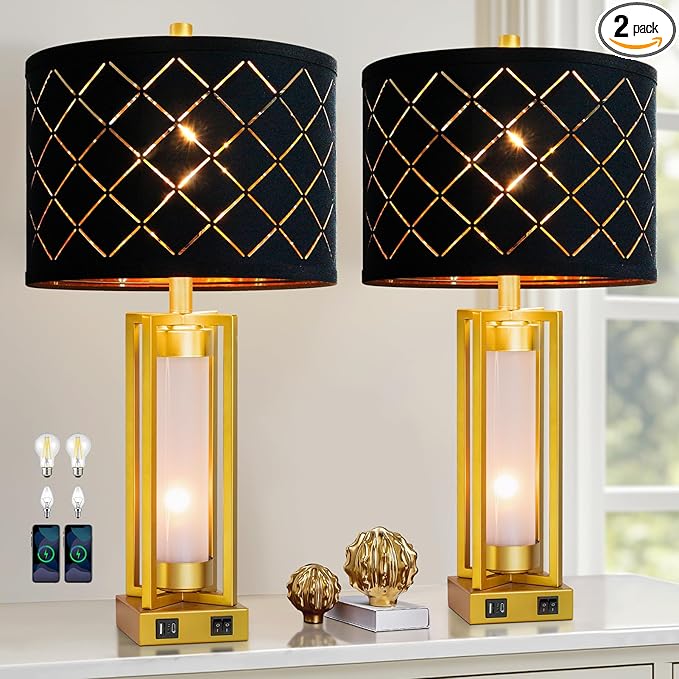 Set of 2 Modern Table Lamps for Living Room Bedroom with USB C+A, Rustic Nightstand Lamps with White Night Light, Black Grid Shade, Desk Lamps for Bedside End Tables, 4 Bulbs Included (Gold)