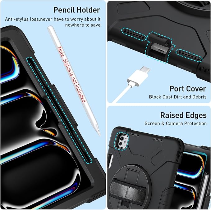 SUPFIVES 2024 iPad Pro 11 Inch Case M4 (5th Generation), with Screen Protector/Shoulder Strap/Pencil Holder/Handle/Rotating Stand, Black