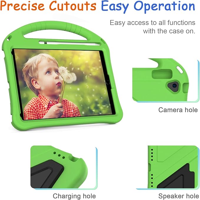 Kids Case for iPad 10.2/10.5, iPad 7th 8th 9th Gen/iPad Air 3rd Gen/Pro 10.5 Case, Techcircle Lightweight Shockproof EVA Foam Rugged Handle Stand Anti-Slip Grip Protective Case w/Pencil Holder, Green
