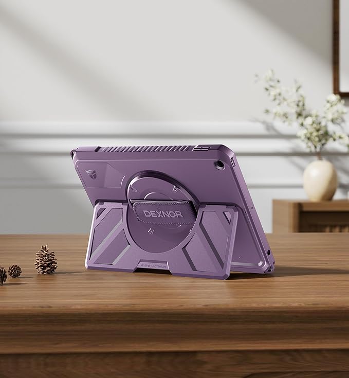 Dexnor Case for iPad 9th/8th/7th Generation 10.2 inch, Rugged Protective Case with 360° Rotating Hand Strap & Large Stand & Screen Protector & Pencil Holder Shockproof Full-Body Bumper Cover, Purple