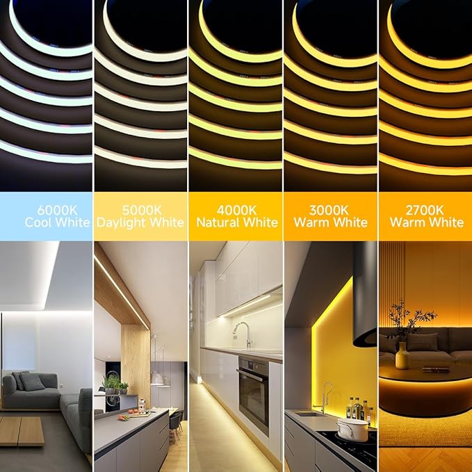 BTF-LIGHTING FCOB COB LED Strip Flexible High Density Uniform Light 9W/m 32.8FT DC24V Daylight White 5000K 480LEDs/m CRI 90+ 8mm Width Dimmable LED Ribbon for Indoor Decor(No Adapter or Controller)